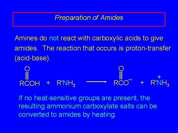 Preparation of Amides Amines do not react with carboxylic acids to give amides. The