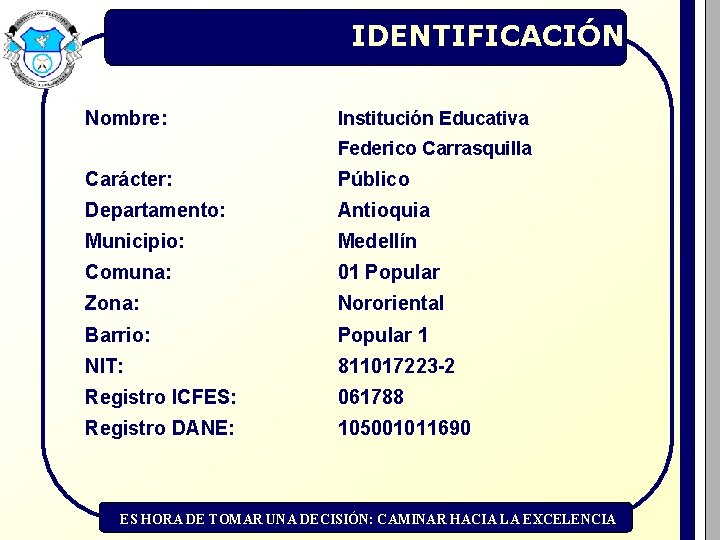 IDENTIFICACIÓN Nombre: Institución Educativa Federico Carrasquilla Carácter: Público Departamento: Antioquia Municipio: Medellín Comuna: 01