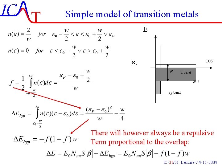 IC T Simple model of transition metals E e. F DOS W d-band W/2