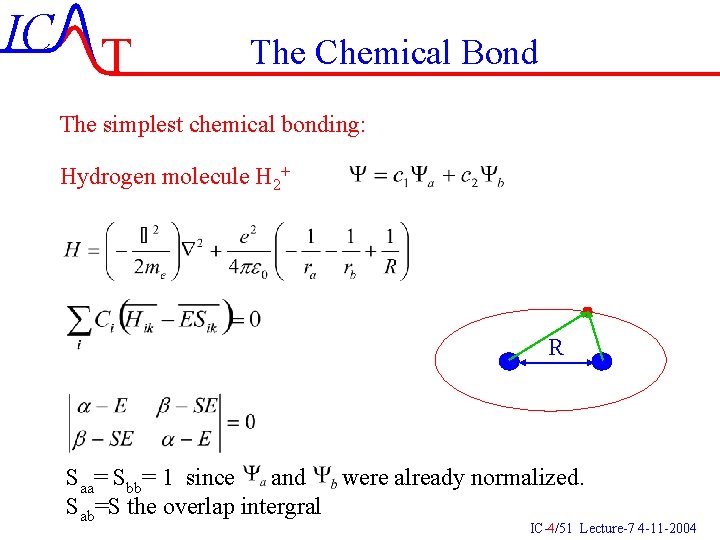 IC T The Chemical Bond The simplest chemical bonding: Hydrogen molecule H 2+ R