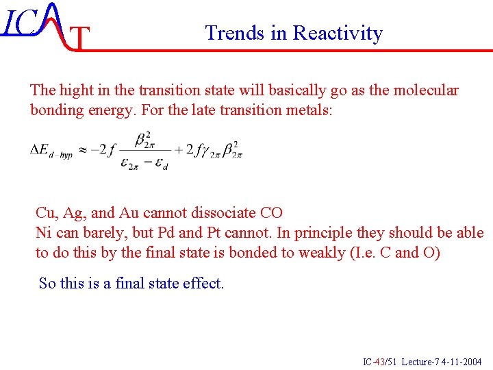 IC T Trends in Reactivity The hight in the transition state will basically go