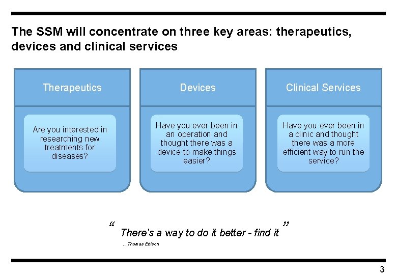 The SSM will concentrate on three key areas: therapeutics, devices and clinical services Therapeutics