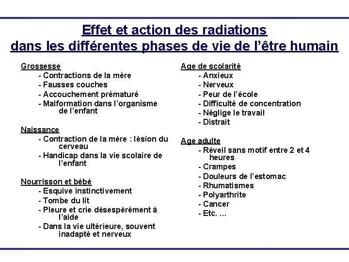 Effet et action des radiations dans les différentes phases de vie de l’être humain