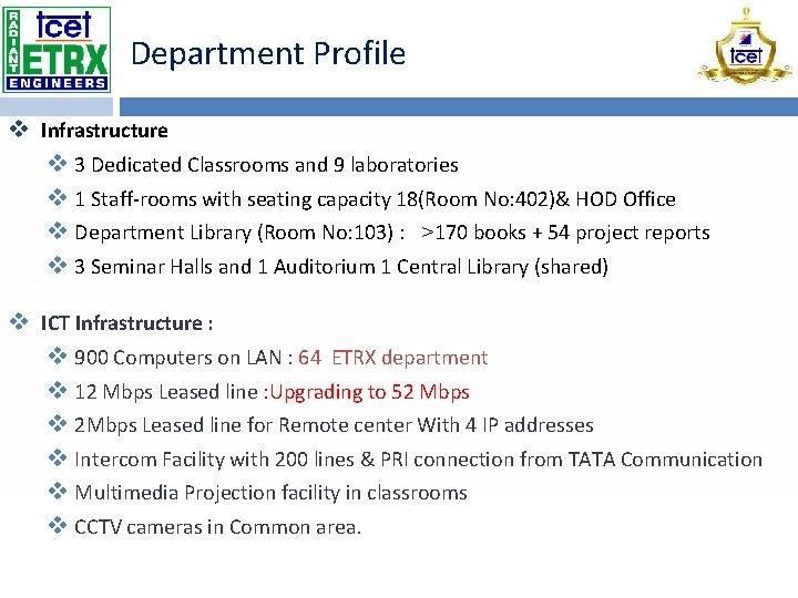 Department Profile v Infrastructure v 3 Dedicated Classrooms and 9 laboratories v 1 Staff-rooms