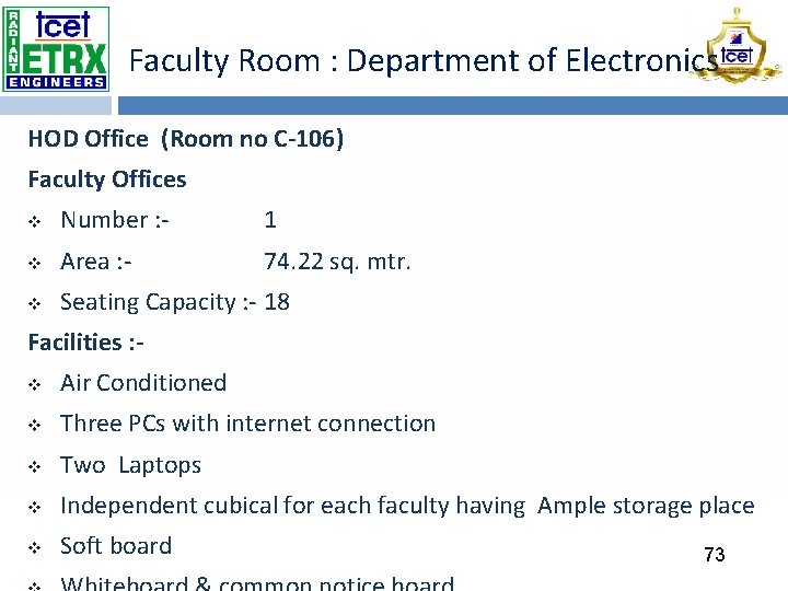 Faculty Room : Department of Electronics HOD Office (Room no C-106) Faculty Offices v