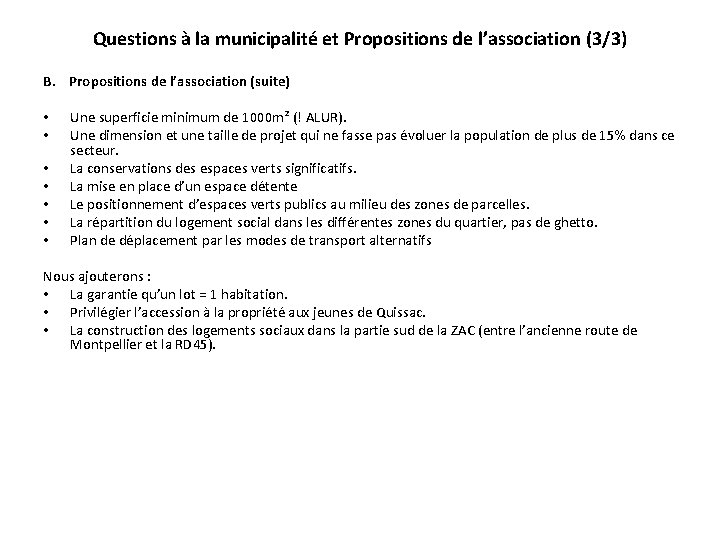 Questions à la municipalité et Propositions de l’association (3/3) B. Propositions de l’association (suite)