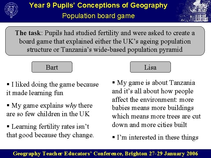 Year 9 Pupils’ Conceptions of Geography Population board game The task: Pupils had studied