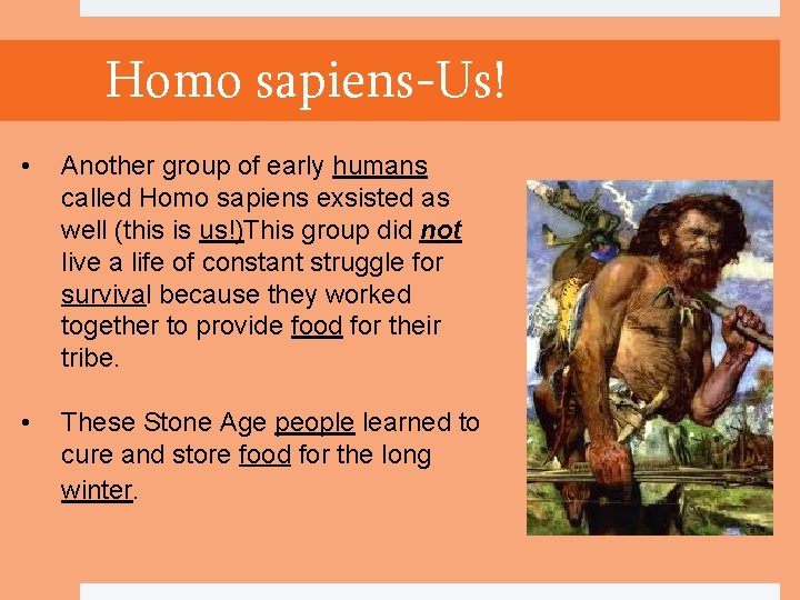 Homo sapiens-Us! • Another group of early humans called Homo sapiens exsisted as well