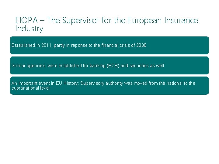 EIOPA – The Supervisor for the European Insurance Industry Established in 2011, partly in