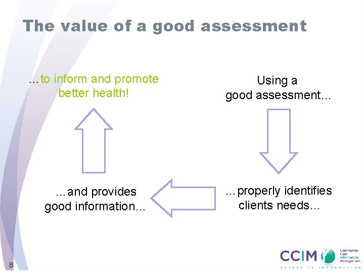 The value of a good assessment 8 …to inform and promote better health! Using