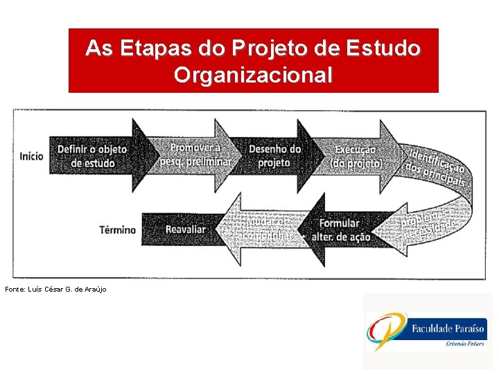As Etapas do Projeto de Estudo ÁREAS DE ATUAÇÃO Organizacional Fonte: Luís César G.