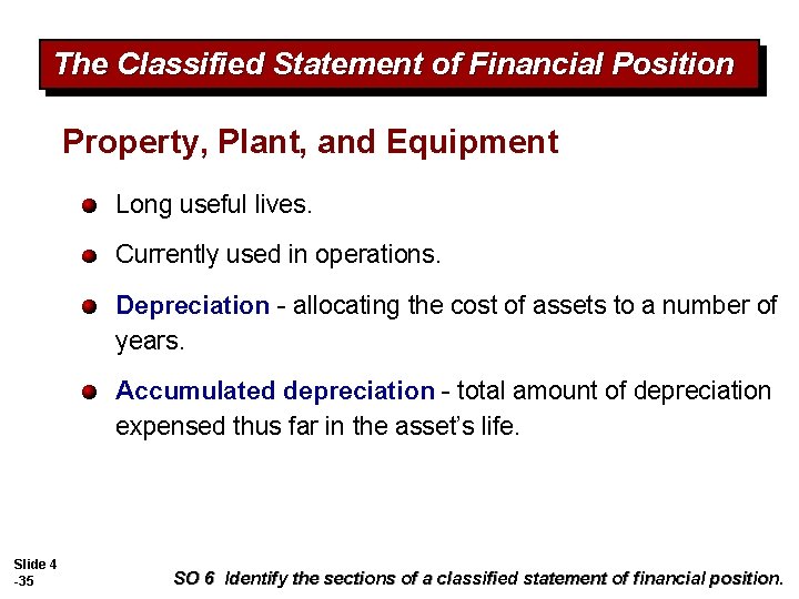 The Classified Statement of Financial Position Property, Plant, and Equipment Long useful lives. Currently