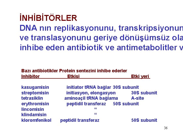 İNHİBİTÖRLER DNA nın replikasyonunu, transkripsiyonun ve translasyonunu geriye dönüşümsüz ola inhibe eden antibiotik ve