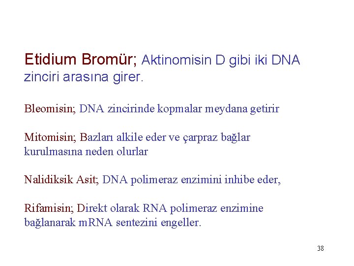 Etidium Bromür; Aktinomisin D gibi iki DNA zinciri arasına girer. Bleomisin; DNA zincirinde kopmalar