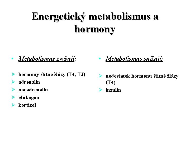 Energetický metabolismus a hormony • Metabolismus zvyšují: • Metabolismus snižují: Ø Ø Ø nedostatek