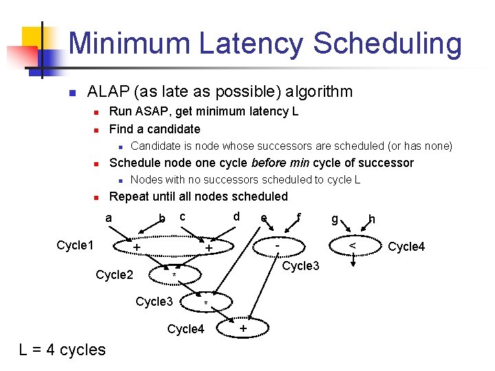 Minimum Latency Scheduling n ALAP (as late as possible) algorithm Run ASAP, get minimum