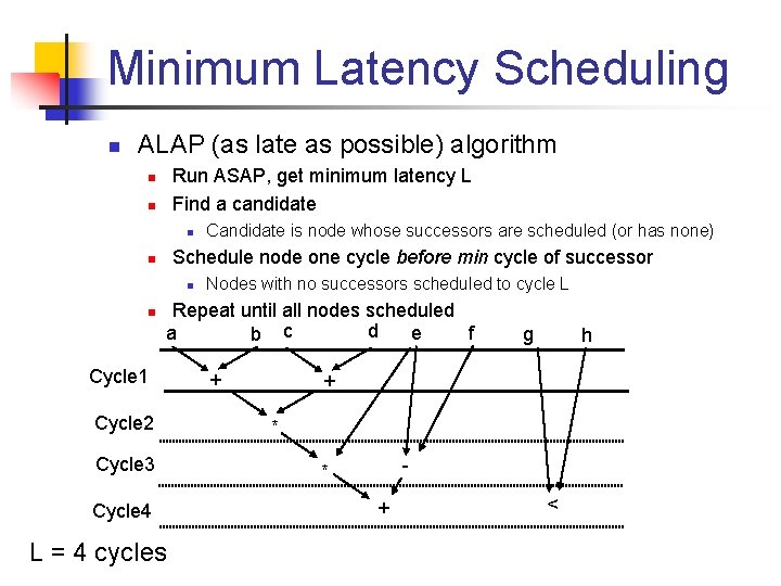 Minimum Latency Scheduling n ALAP (as late as possible) algorithm Run ASAP, get minimum