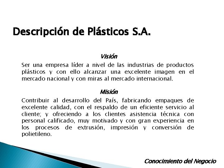 Descripción de Plásticos S. A. Visión Ser una empresa líder a nivel de las Descripción de Plásticos S. A. Visión Ser una empresa líder a nivel de las