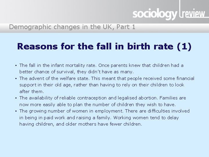 Demographic changes in the UK, Part 1 Reasons for the fall in birth rate