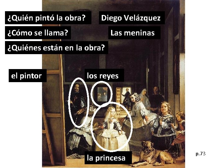 ¿Quién pintó la obra? Diego Velázquez ¿Cómo se llama? Las meninas ¿Quiénes están en