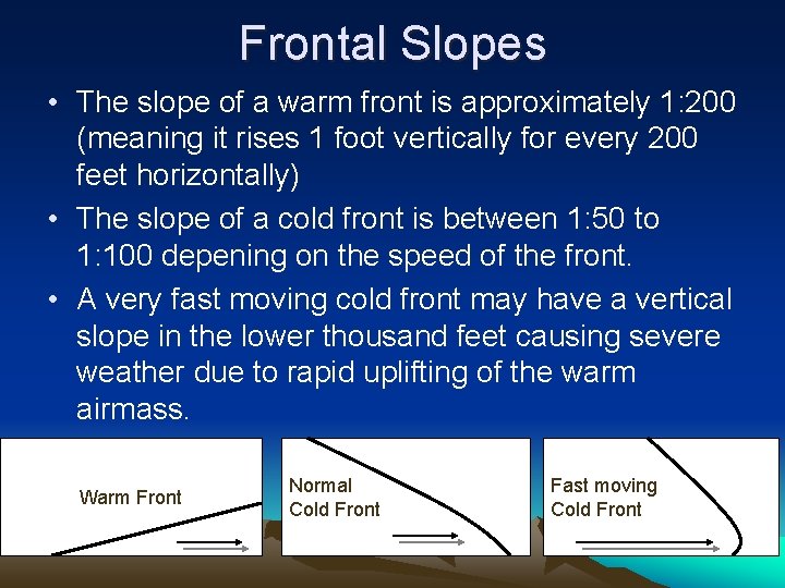 Frontal Slopes • The slope of a warm front is approximately 1: 200 (meaning