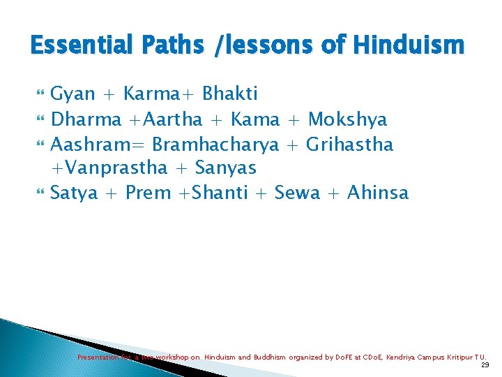 Essential Paths /lessons of Hinduism Gyan + Karma+ Bhakti Dharma +Aartha + Kama +