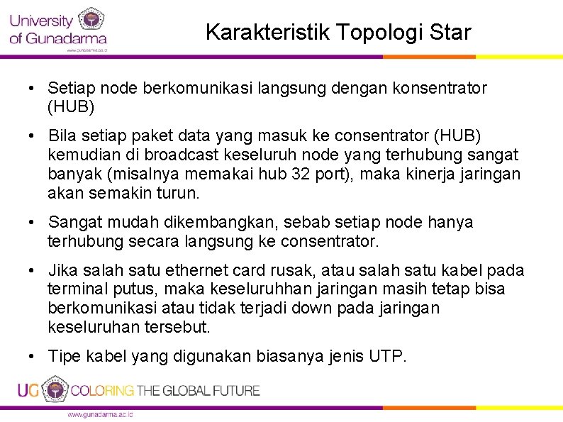 Karakteristik Topologi Star • Setiap node berkomunikasi langsung dengan konsentrator (HUB) • Bila setiap