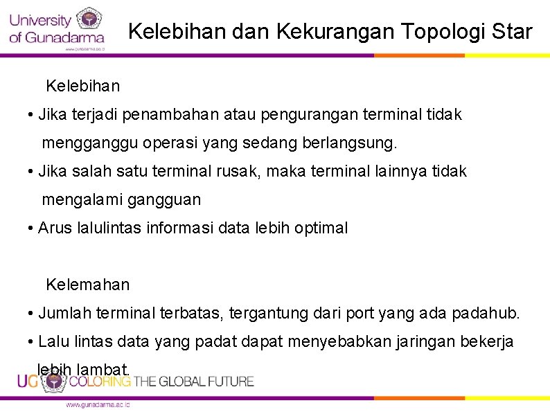 Kelebihan dan Kekurangan Topologi Star Kelebihan • Jika terjadi penambahan atau pengurangan terminal tidak