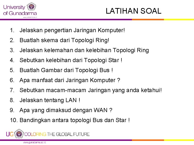 LATIHAN SOAL 1. Jelaskan pengertian Jaringan Komputer! 2. Buatlah skema dari Topologi Ring! 3.