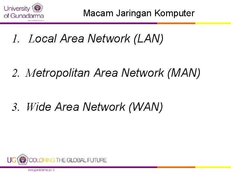 Macam Jaringan Komputer 1. Local Area Network (LAN) 2. Metropolitan Area Network (MAN) 3.