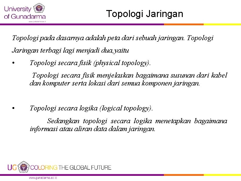 Topologi Jaringan Topologi pada dasarnya adalah peta dari sebuah jaringan. Topologi Jaringan terbagi lagi