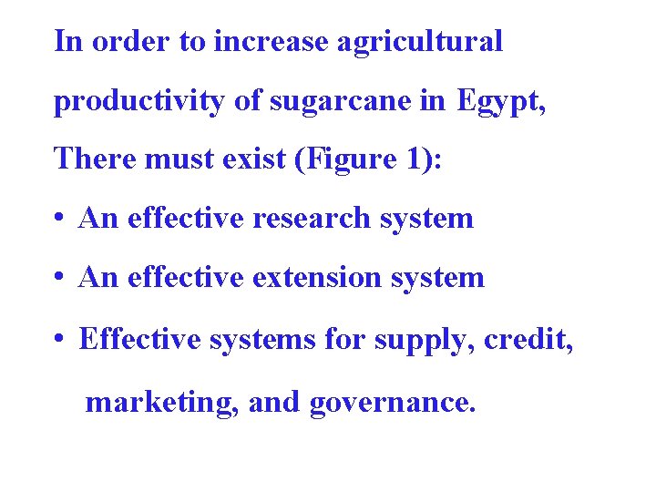 In order to increase agricultural productivity of sugarcane in Egypt, There must exist (Figure