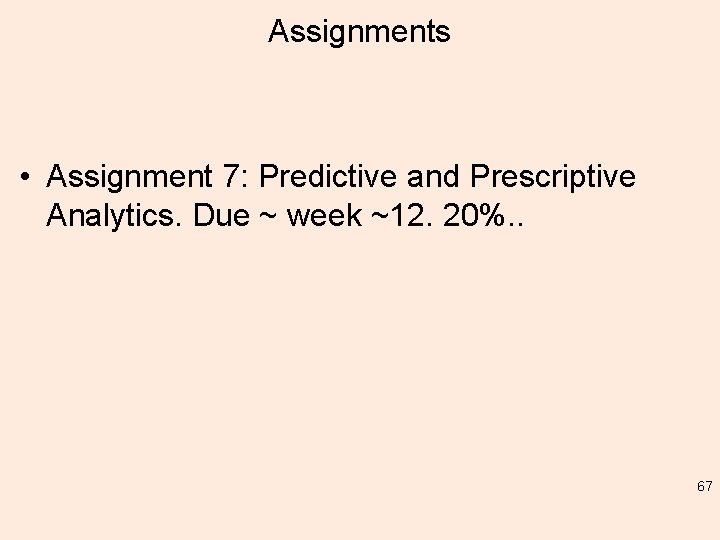 Assignments • Assignment 7: Predictive and Prescriptive Analytics. Due ~ week ~12. 20%. .