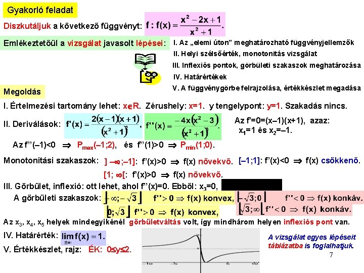 Gyakorló feladat Diszkutáljuk a következő függvényt: Emlékeztetőül a vizsgálat javasolt lépései: I. Az „elemi