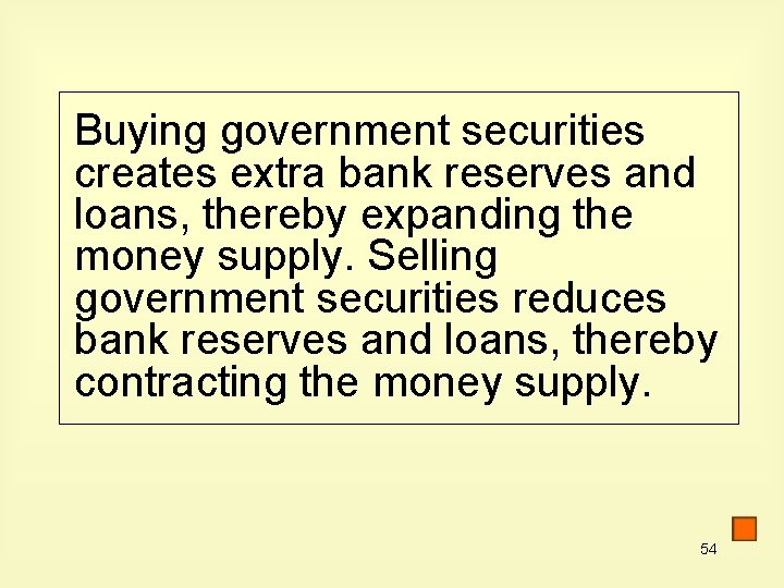 Buying government securities creates extra bank reserves and loans, thereby expanding the money supply.