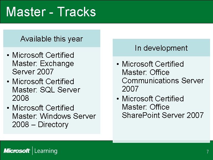 Master - Tracks Available this year • Microsoft Certified Master: Exchange Server 2007 •