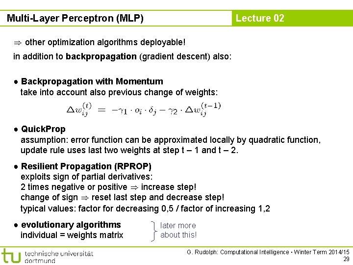 Multi-Layer Perceptron (MLP) Lecture 02 ) other optimization algorithms deployable! in addition to backpropagation