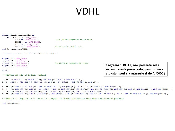 VDHL l’ingresso di RESET, non presente nella sintesi formale precedente, quando viene attivato riporta