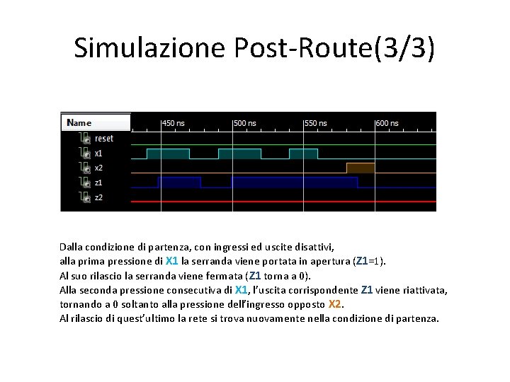 Simulazione Post-Route(3/3) Dalla condizione di partenza, con ingressi ed uscite disattivi, alla prima pressione