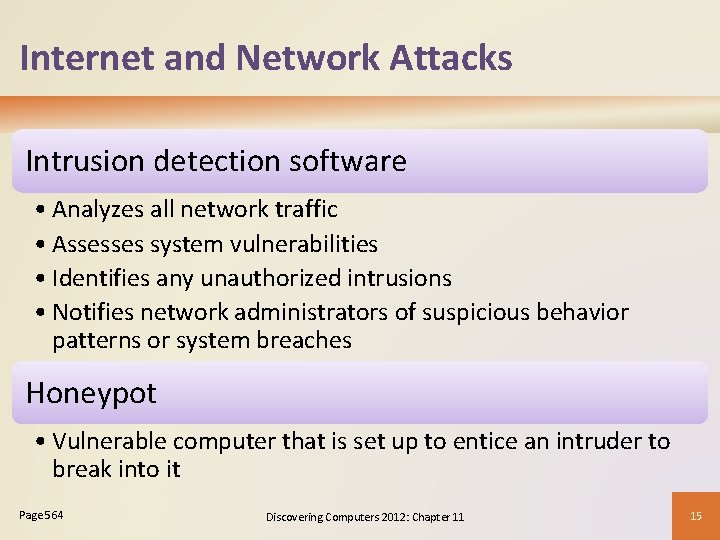 Internet and Network Attacks Intrusion detection software • Analyzes all network traffic • Assesses