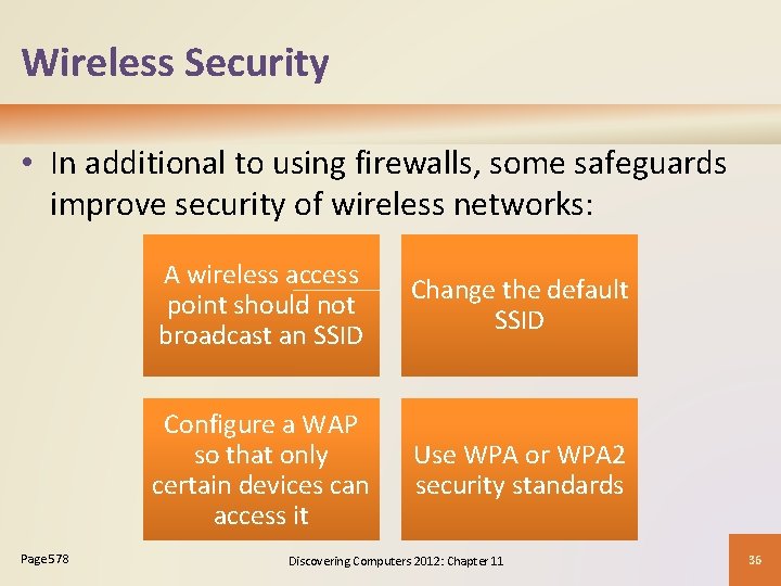 Wireless Security • In additional to using firewalls, some safeguards improve security of wireless