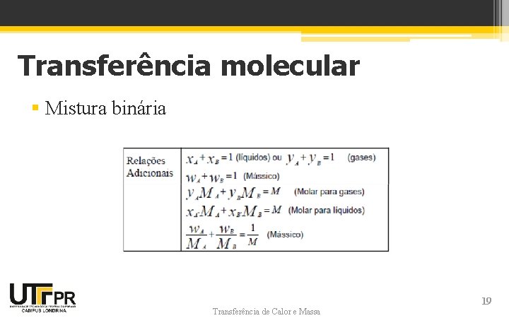 Transferência molecular § Mistura binária Transferência de Calor e Massa 19 