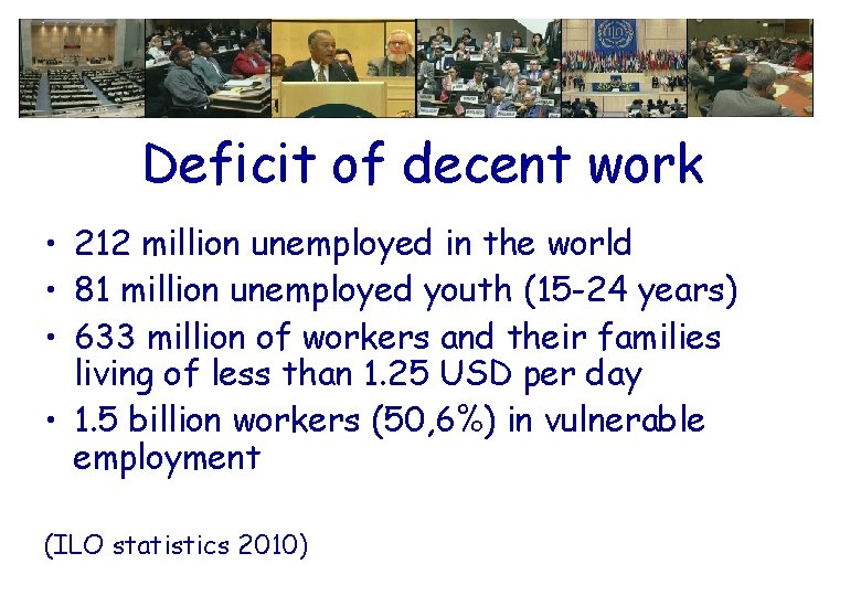 Deficit of decent work • 212 million unemployed in the world • 81 million