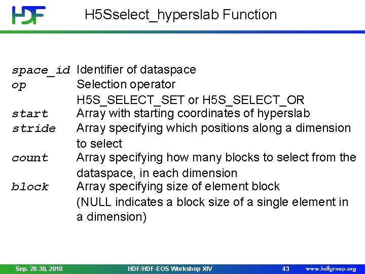H 5 Sselect_hyperslab Function space_id Identifier of dataspace op Selection operator H 5 S_SELECT_SET