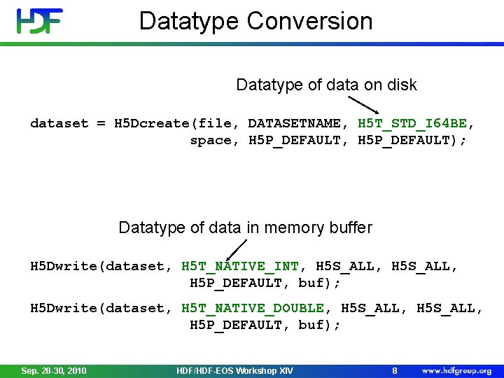 Datatype Conversion Datatype of data on disk dataset = H 5 Dcreate(file, DATASETNAME, H