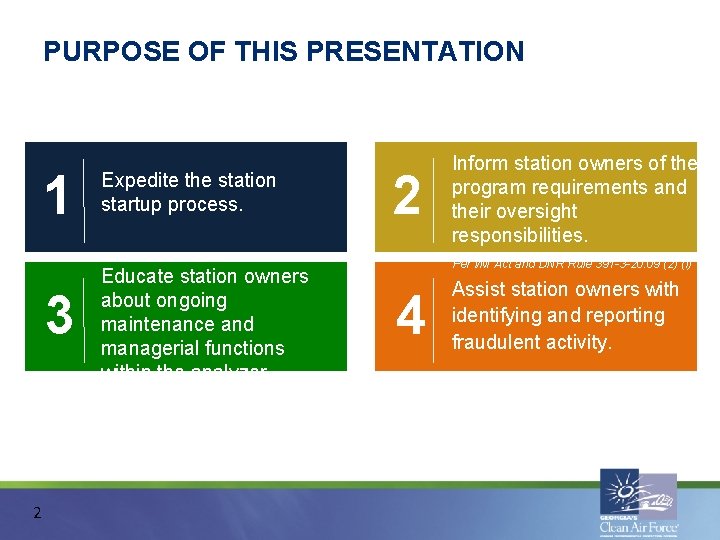 PURPOSE OF THIS PRESENTATION 1 3 2 Expedite the station startup process. Educate station