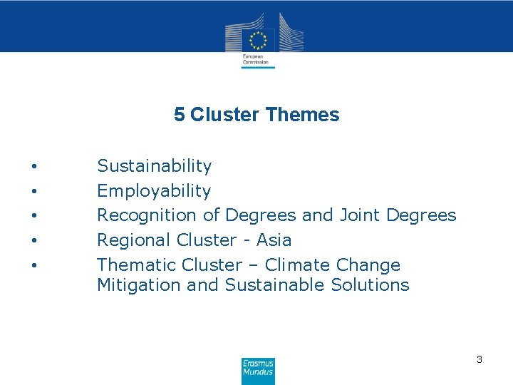 5 Cluster Themes • • • Sustainability Employability Recognition of Degrees and Joint Degrees