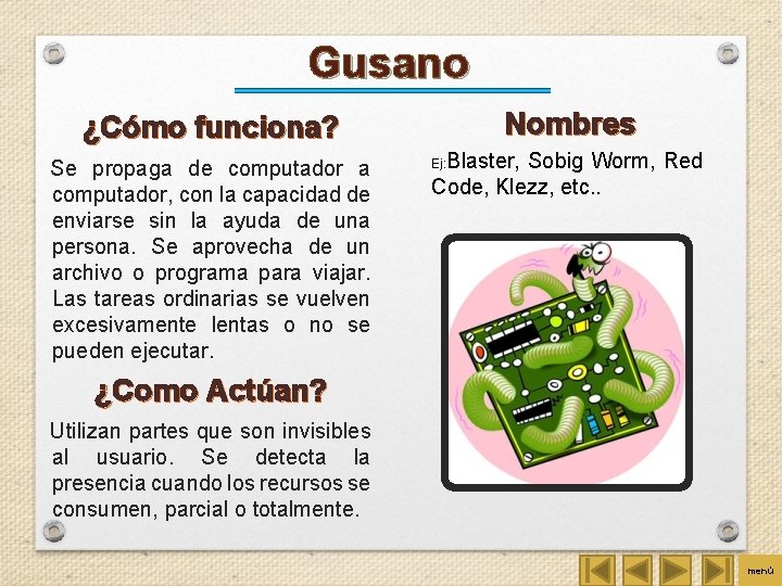 Gusano Nombres ¿Cómo funciona? Se propaga de computador a computador, con la capacidad de