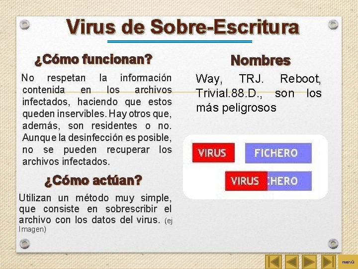 Virus de Sobre-Escritura ¿Cómo funcionan? No respetan la información contenida en los archivos infectados,