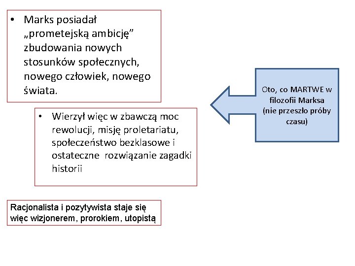  • Marks posiadał „prometejską ambicję” zbudowania nowych stosunków społecznych, nowego człowiek, nowego świata.